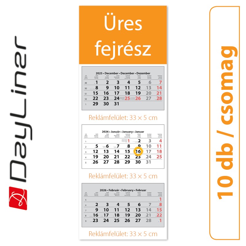 SP3, 3 tömbös 3 hónapos speditőr naptár - Üres, nyomtatható fejrésszel, 10db/csomag